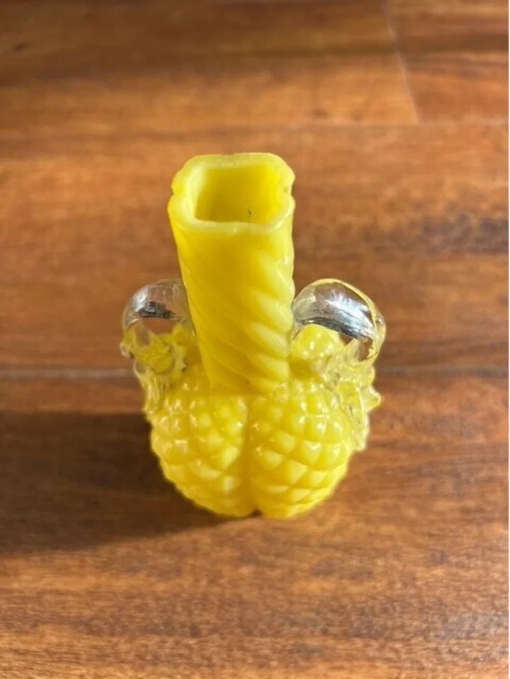 Vintage Yellow Glass Pineapple Shaped Table Vase with Clear Handles
